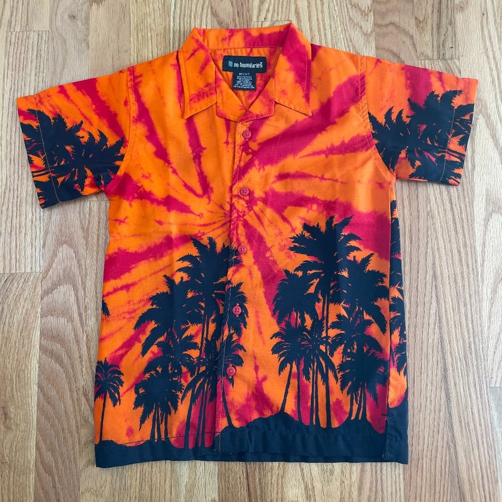 BOYS HAWAIIAN SHIRT NO BOUNDARIES BUTTON UP ORANGE BLACK PALM TREES SIZE 6/7